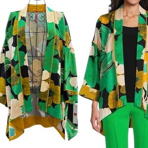 NEW IC COLLECTION Green Yellow Floral High Low Kimono-Style Jacket, Size Large